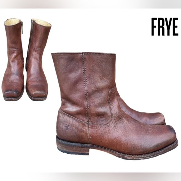 FRYE Square Toe Biker Heath Burnish Brown Leather Zip Short Calf Boot Men 10.5 - Picture 1 of 16